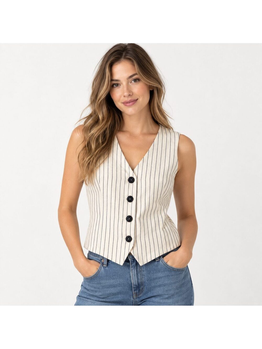 Zara Women's Pinstripe Tailored Button Front Vest Waistcoat Cream M